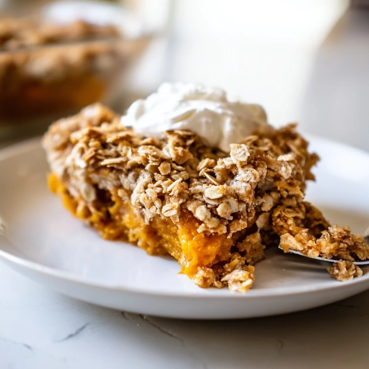 Warm pumpkin pie crisp with golden oat crumble fresh from the oven