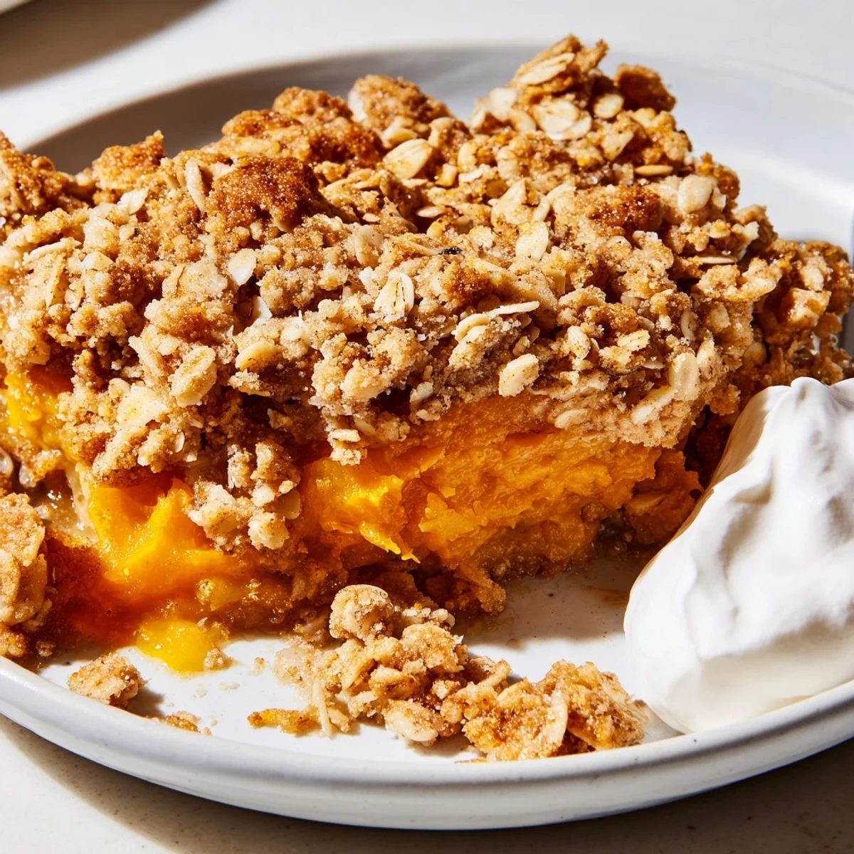 Golden baked pumpkin pie crisp scooped into a rustic white bowl