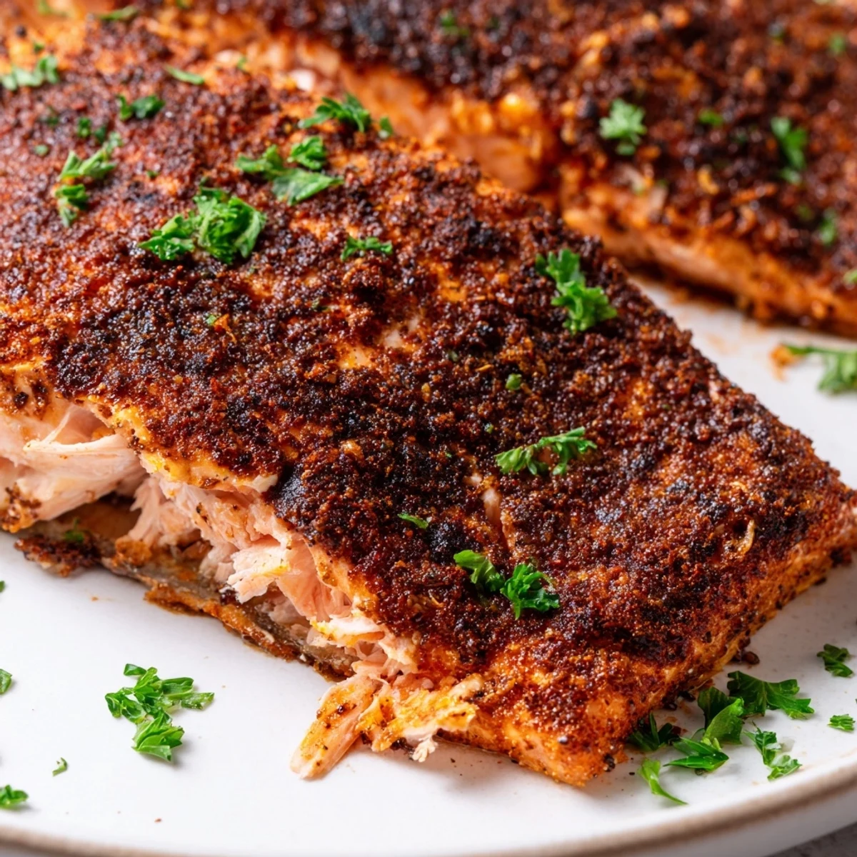 Juicy Oven Baked Cajun Salmon fillets garnished with fresh parsley and lemon