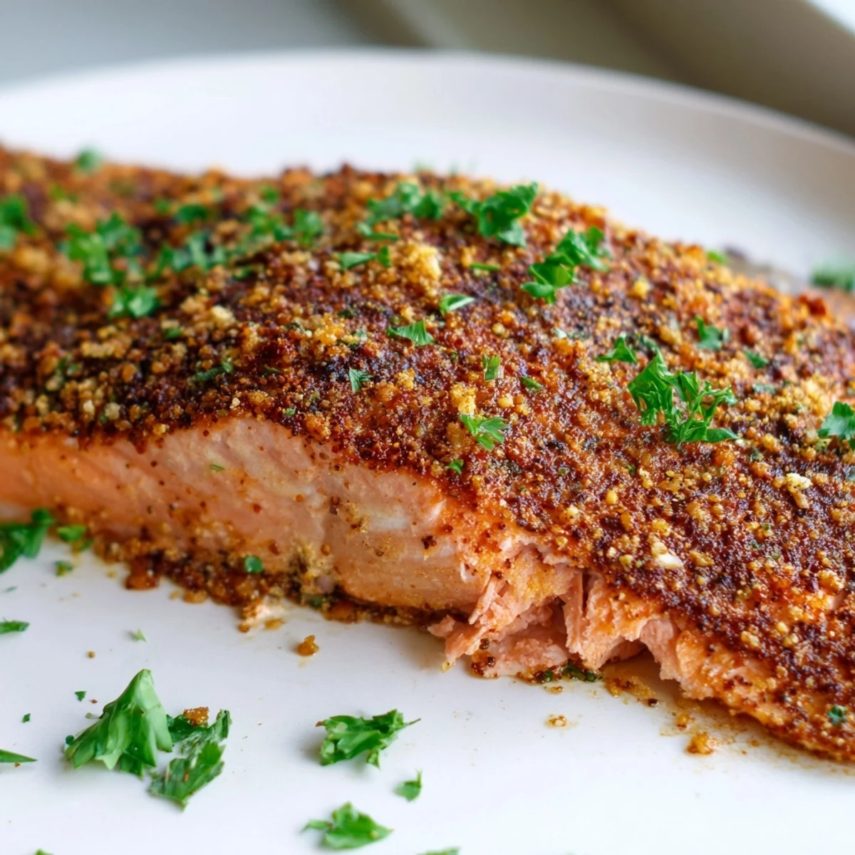Oven Baked Cajun Salmon with a golden spice crust on a white plate
