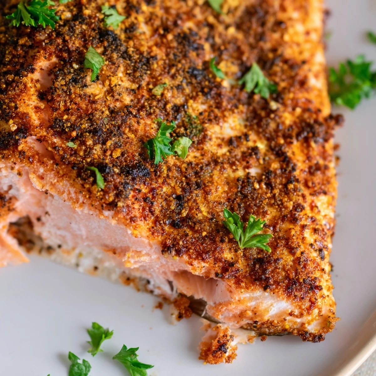 Perfectly flaked Oven Baked Cajun Salmon served alongside roasted vegetables for dinner