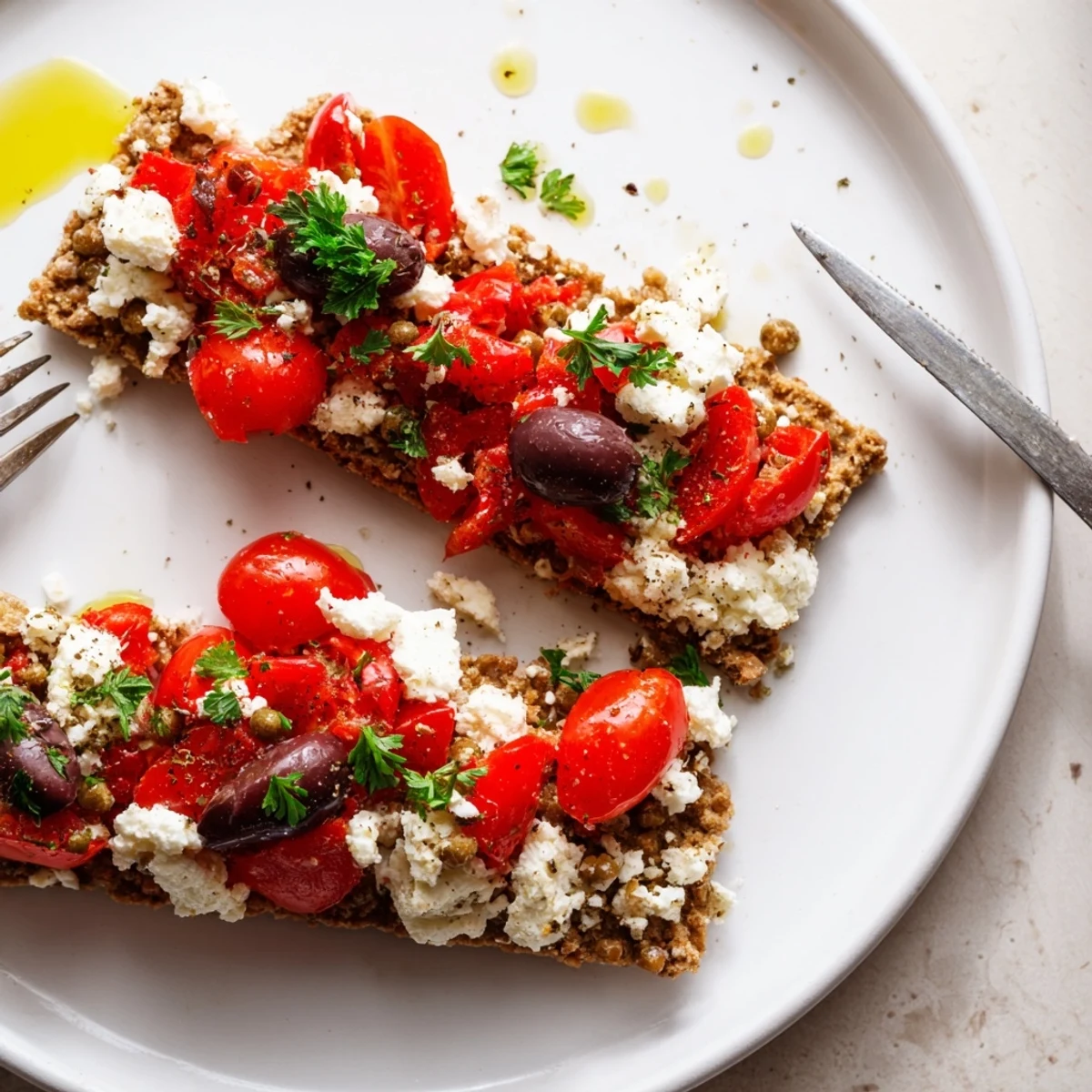 Golden crispy Cretan feta rusks topped with crumbled feta and diced tomatoes