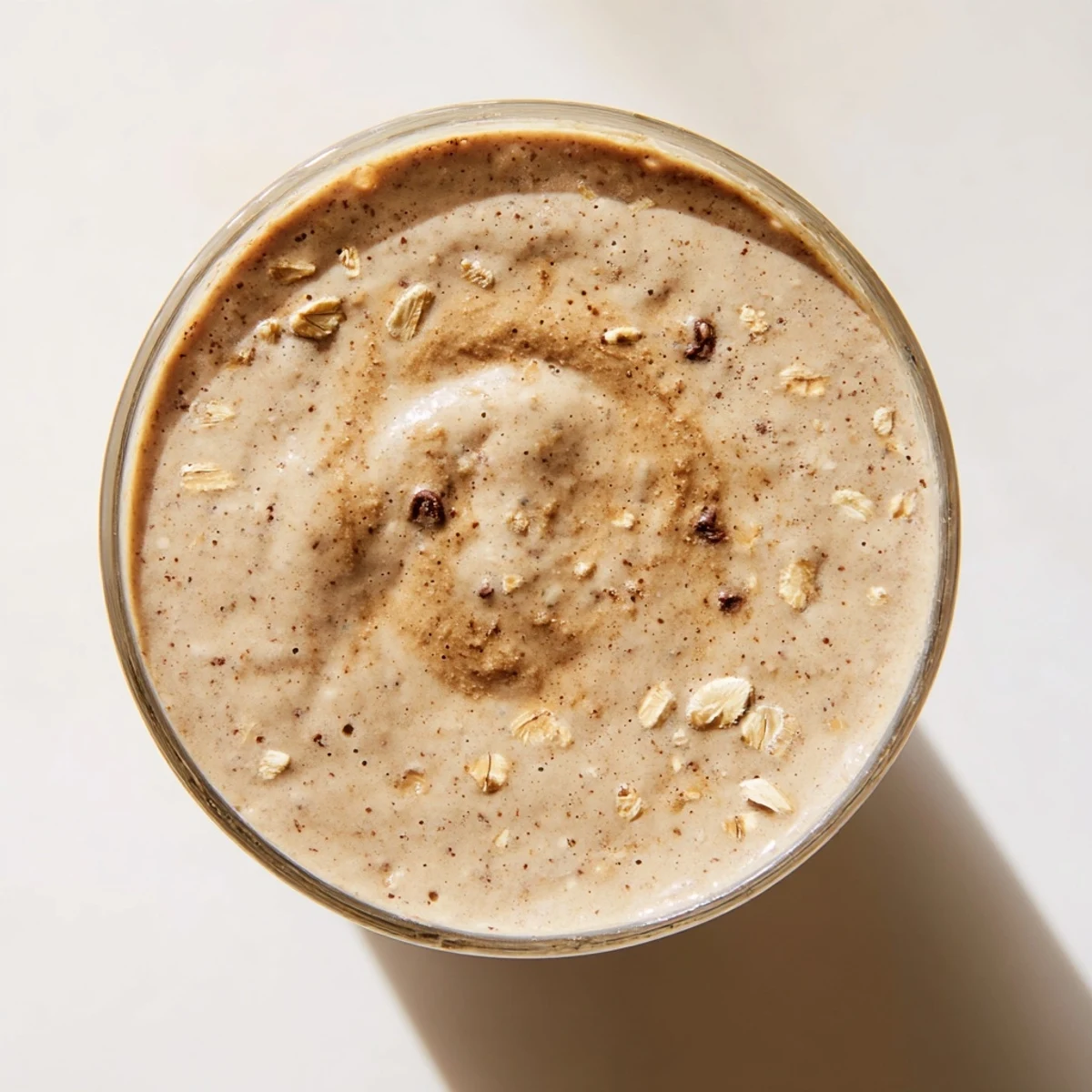Thick oatmeal cookie dough protein smoothie topped with mini chocolate chips in a glass