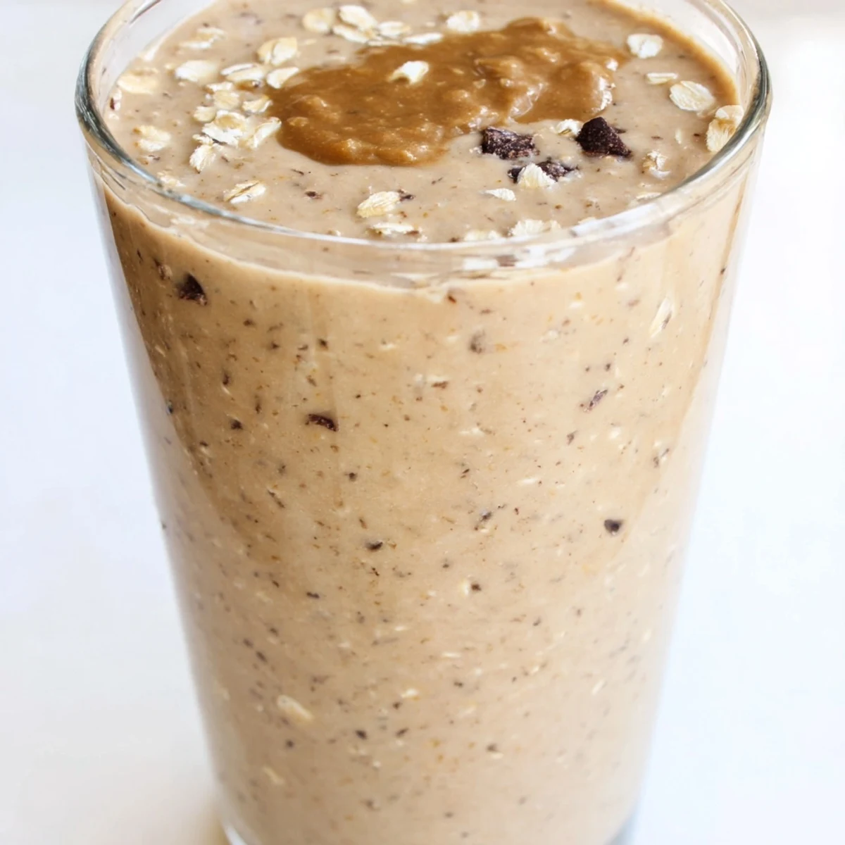 Creamy oatmeal cookie dough protein smoothie poured into a mason jar with cinnamon sprinkles