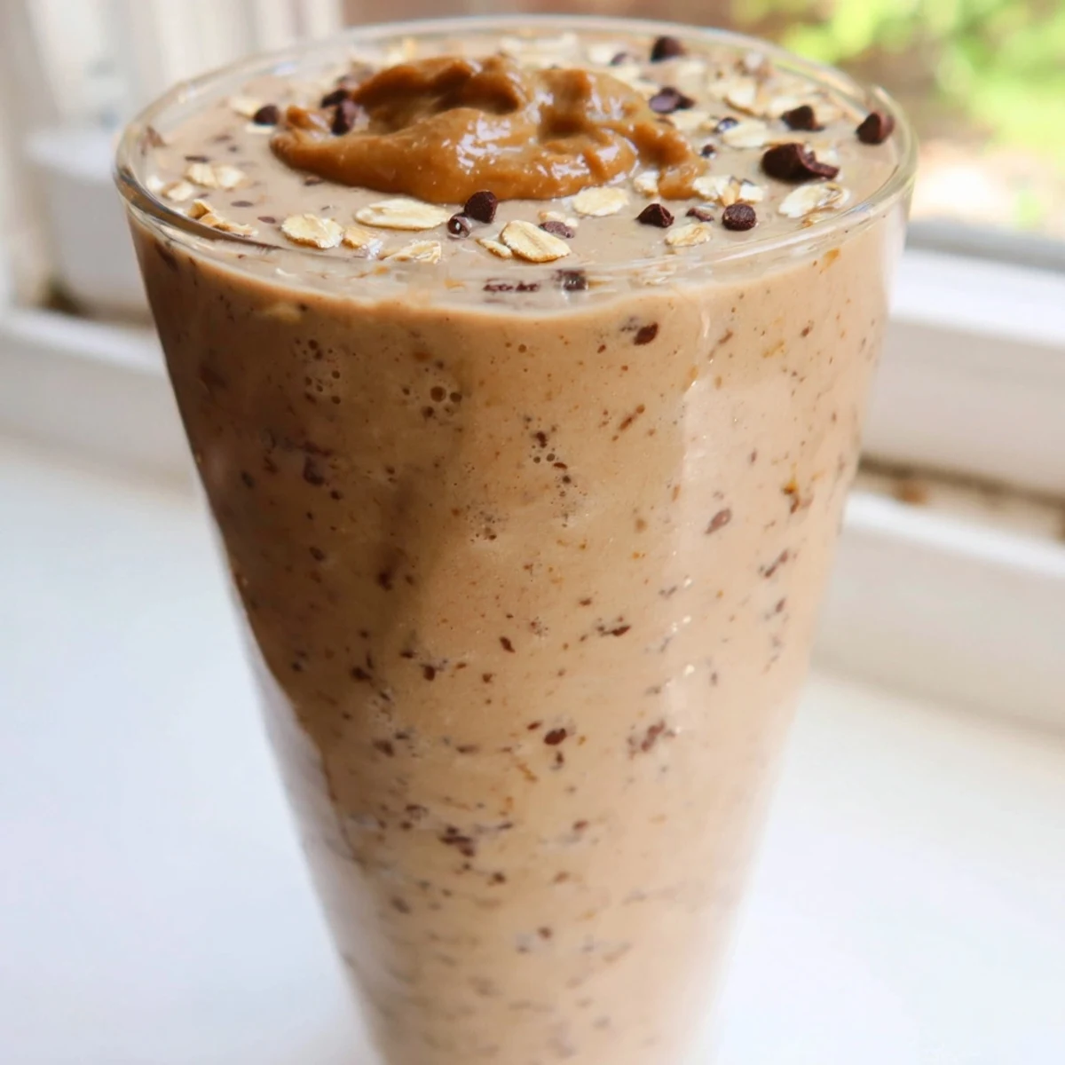 Frosty glass of oatmeal cookie dough protein smoothie blended rich and golden brown