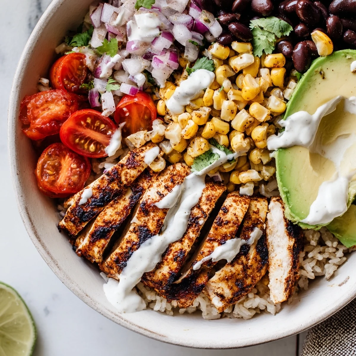 Healthy Street Corn Chicken Bowl with creamy sauce, grilled chicken, and fresh veggies