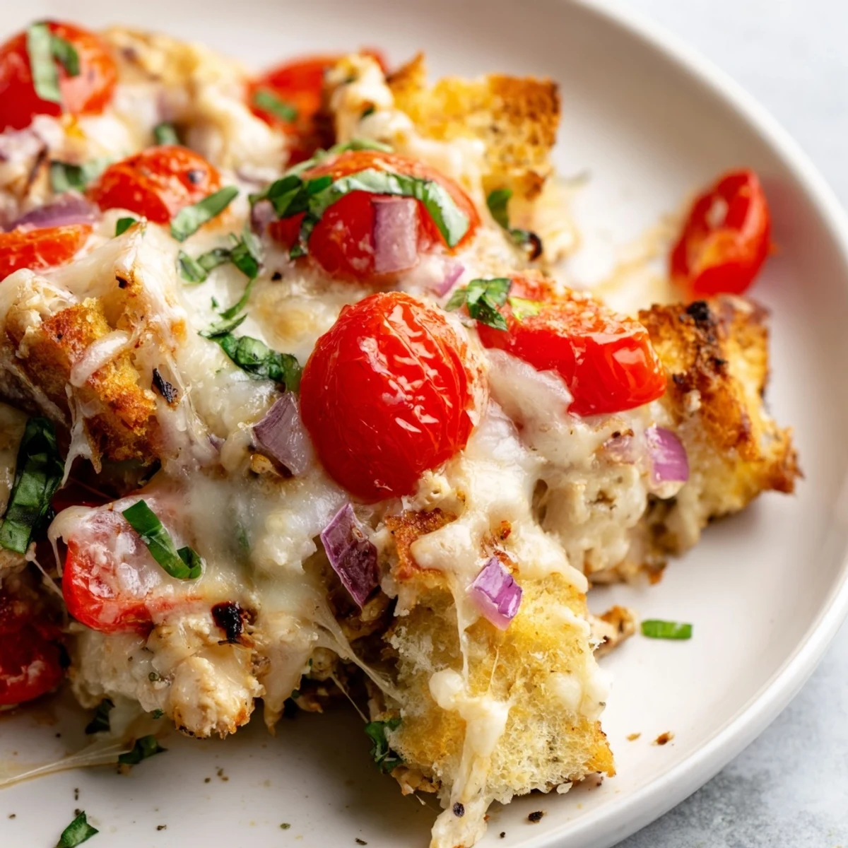 Golden baked chicken bruschetta casserole topped with melted mozzarella and fresh tomato basil