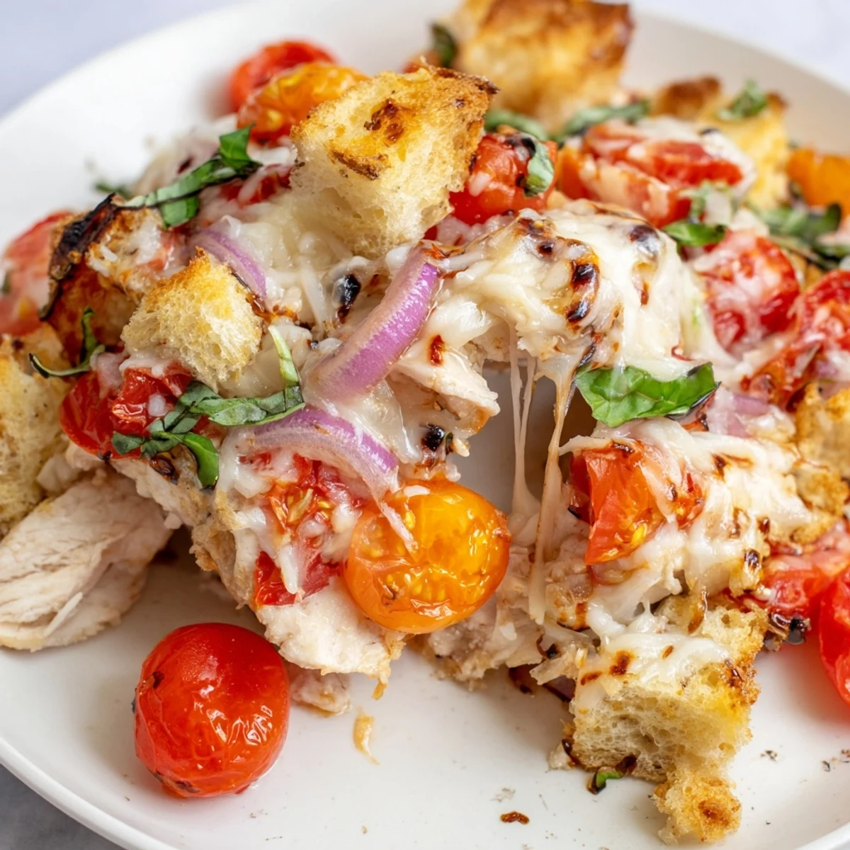 Juicy chicken bruschetta casserole fresh from the oven with bubbling cheese and toasted bread cubes