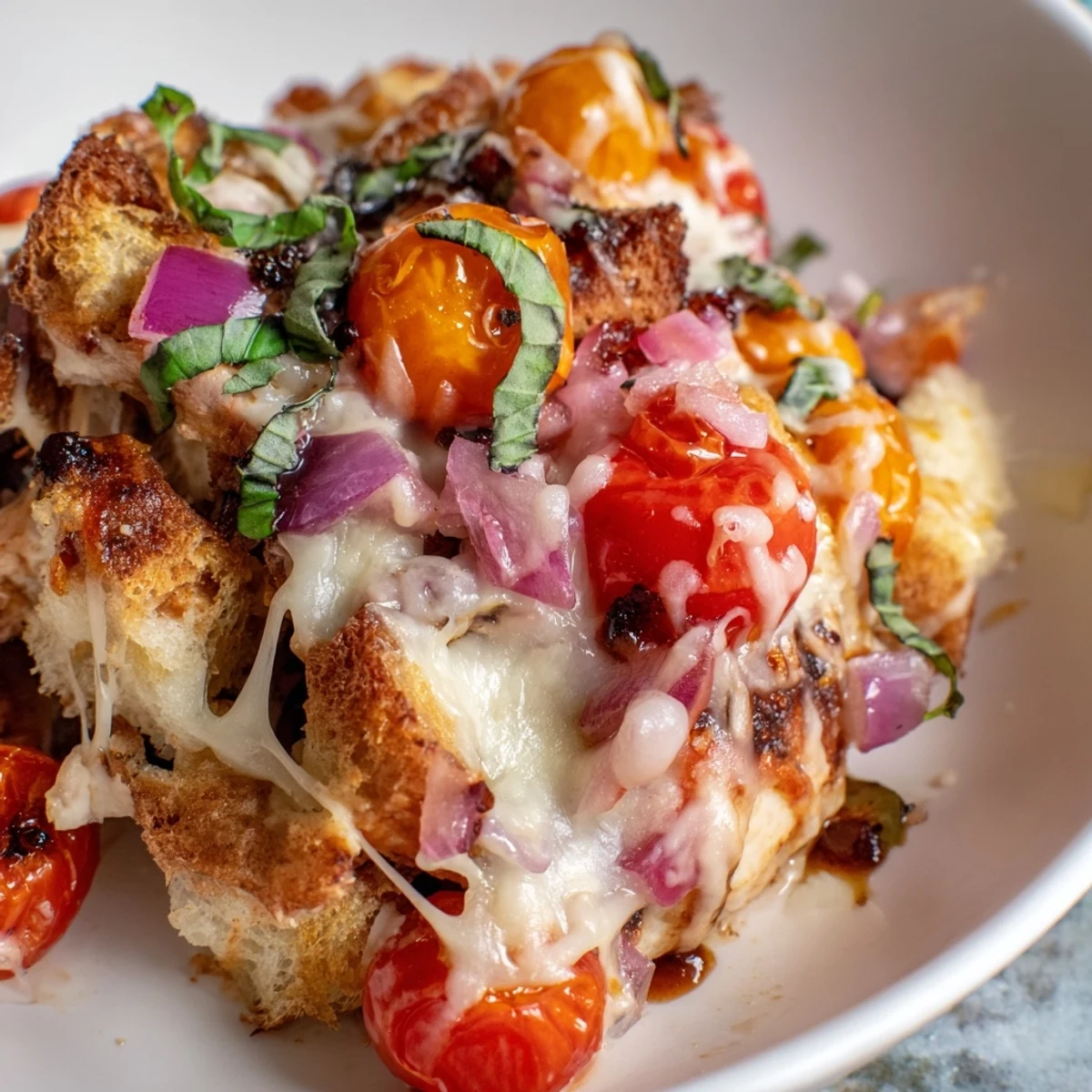 Warm chicken bruschetta casserole with vibrant diced tomatoes garlic and fragrant basil served family-style