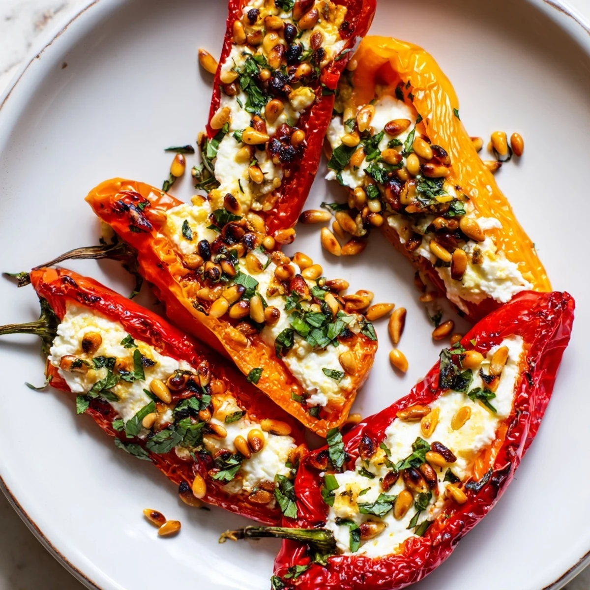 Golden roasted goat cheese stuffed mini peppers arranged on a rustic baking sheet