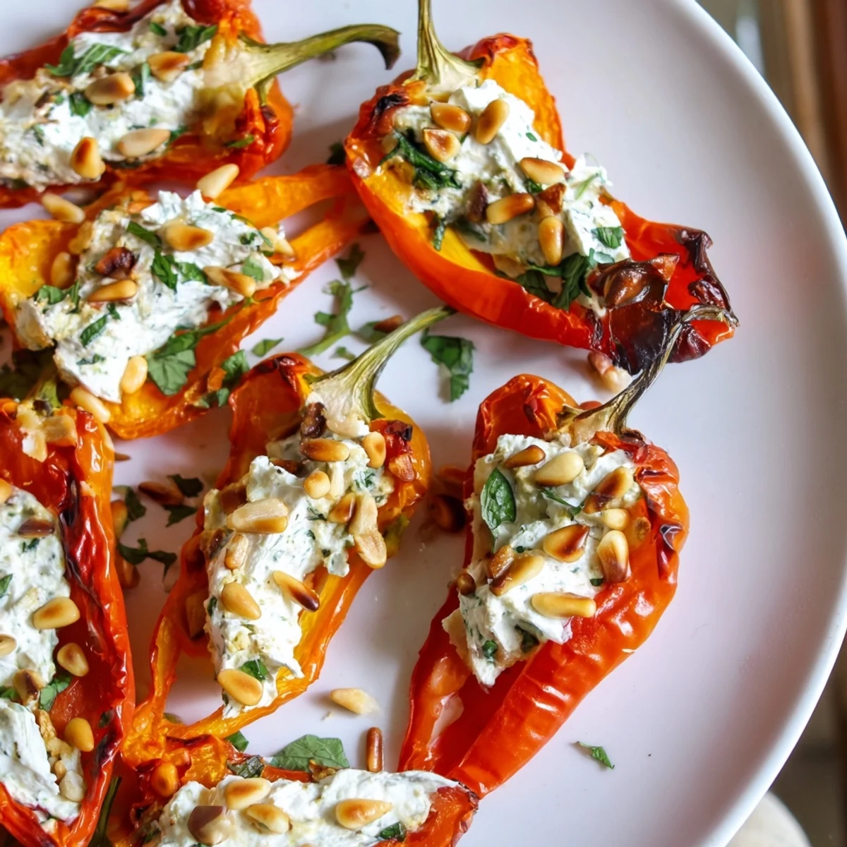 Creamy goat cheese stuffed mini peppers garnished with fresh herbs and pine nuts