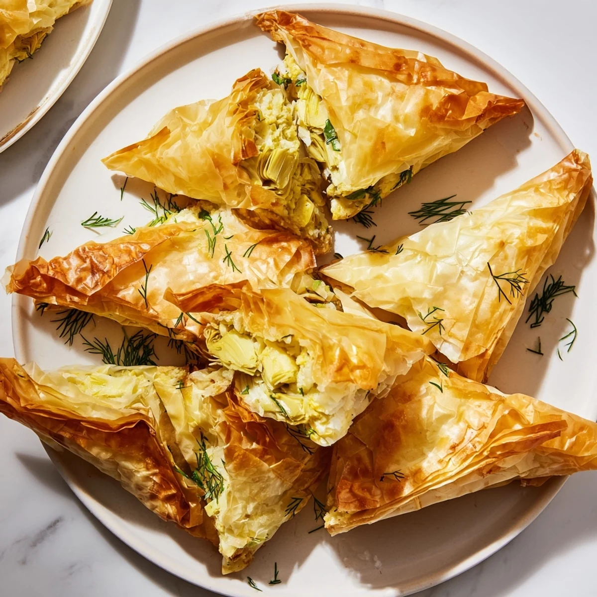 Golden artichoke and Graviera filo puffs with crispy, flaky layers on a baking sheet