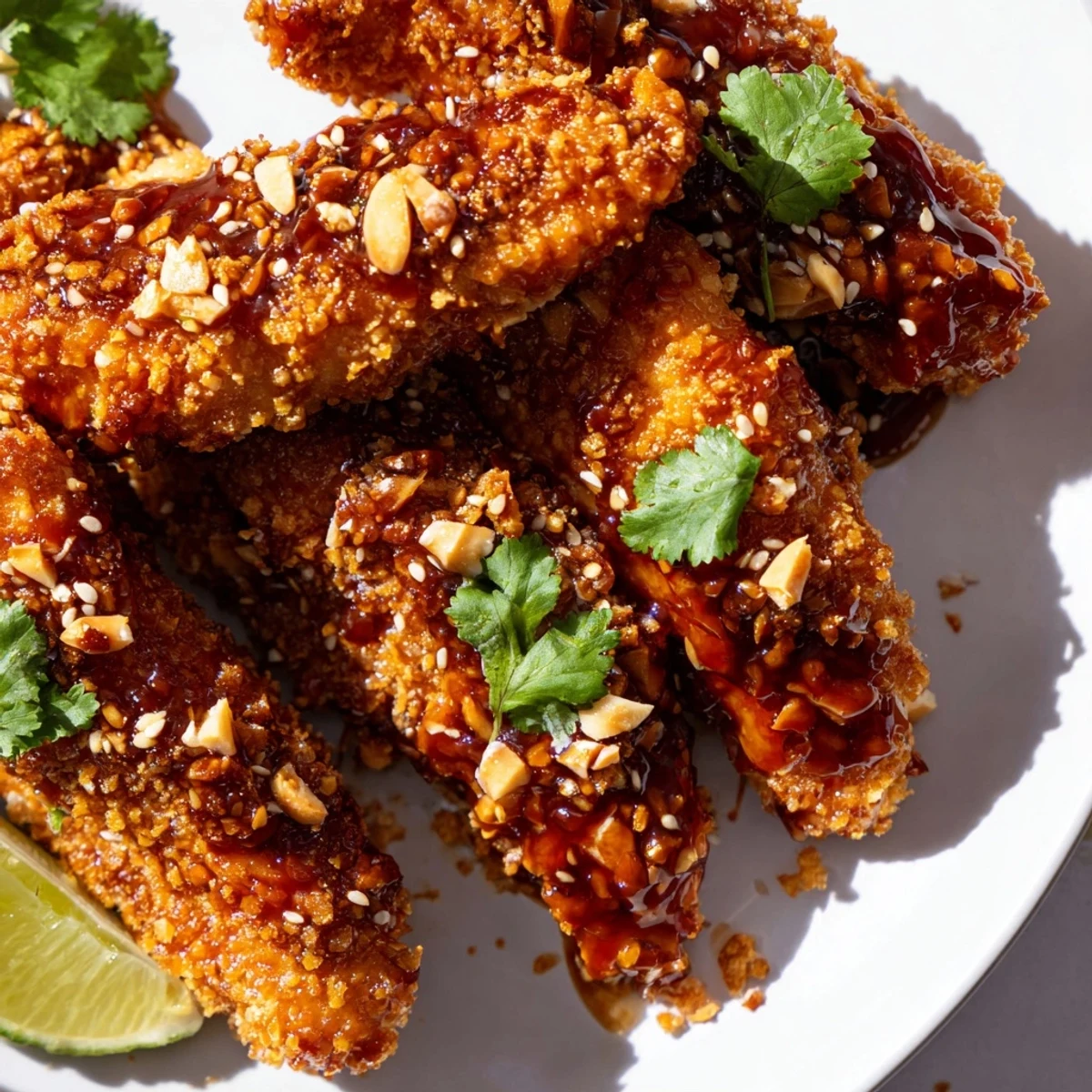 Tender Thai sticky chicken fingers topped with sesame seeds and fresh cilantro
