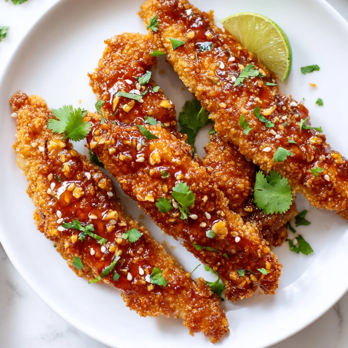 Crispy golden Thai sticky chicken fingers glazed in a sweet and spicy sauce