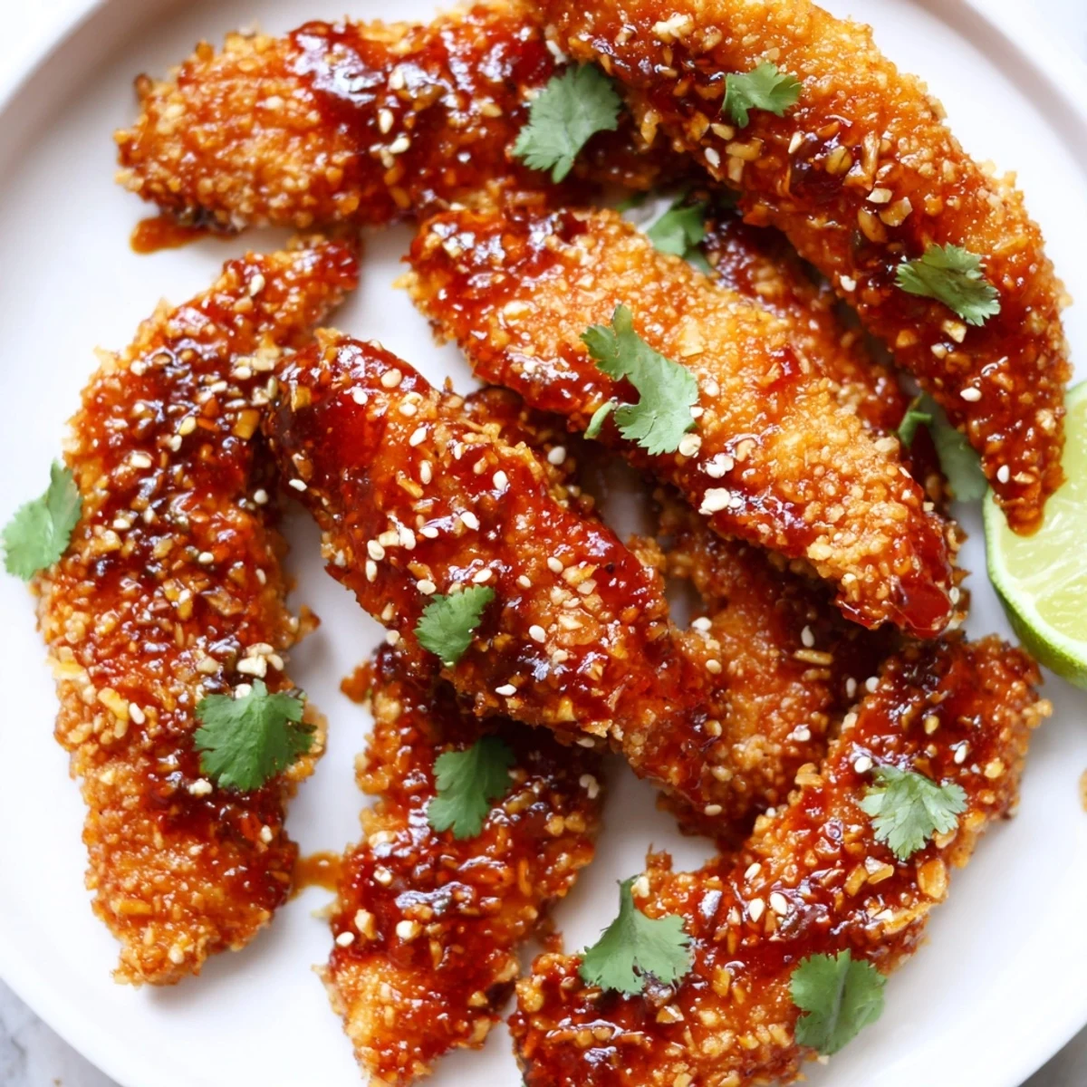 Saucy Thai sticky chicken fingers arranged on a platter with lime wedges nearby