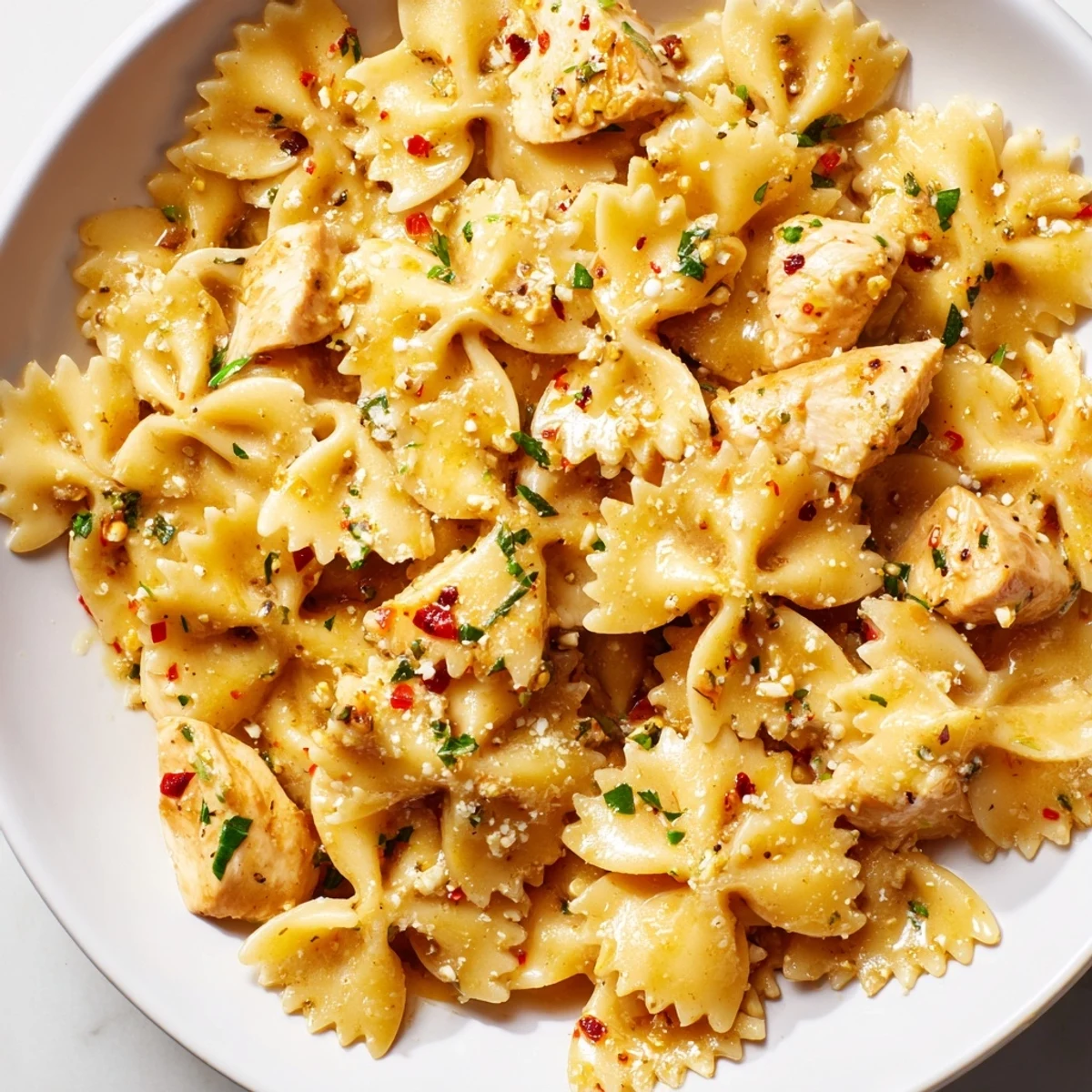 Creamy Cowboy Butter Lemon Bowtie Chicken tossed in a golden herb sauce