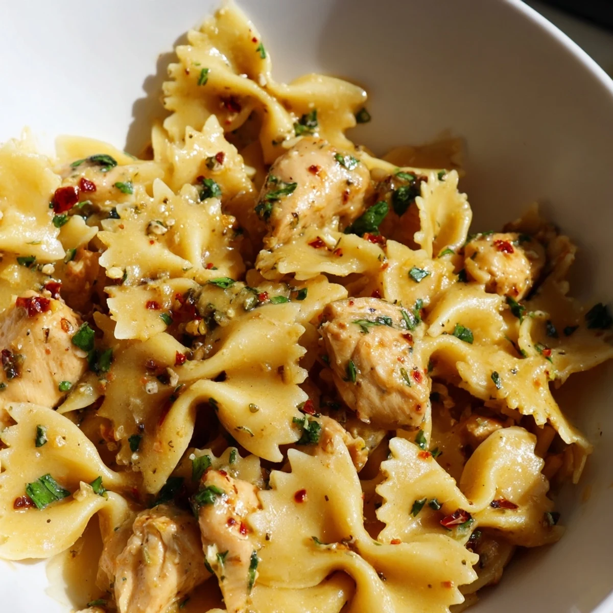 Golden seared chicken and bowtie pasta coated in zesty Cowboy Butter Lemon sauce