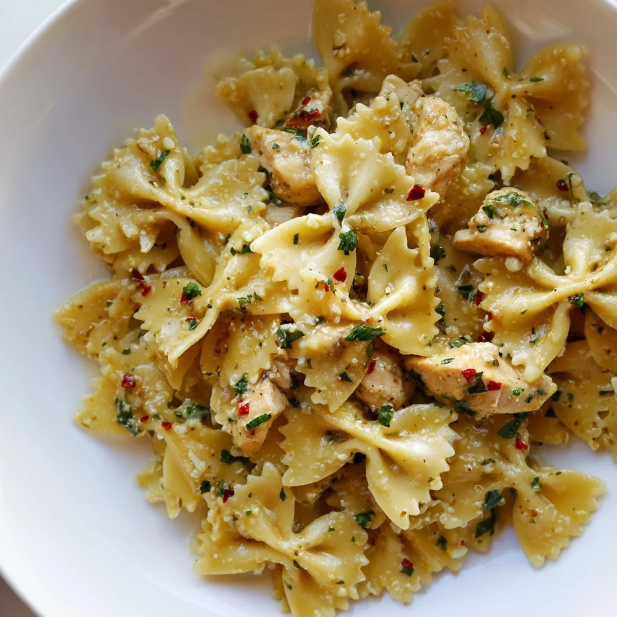 Steaming bowl of Cowboy Butter Lemon Bowtie Chicken garnished with fresh parsley and Parmesan