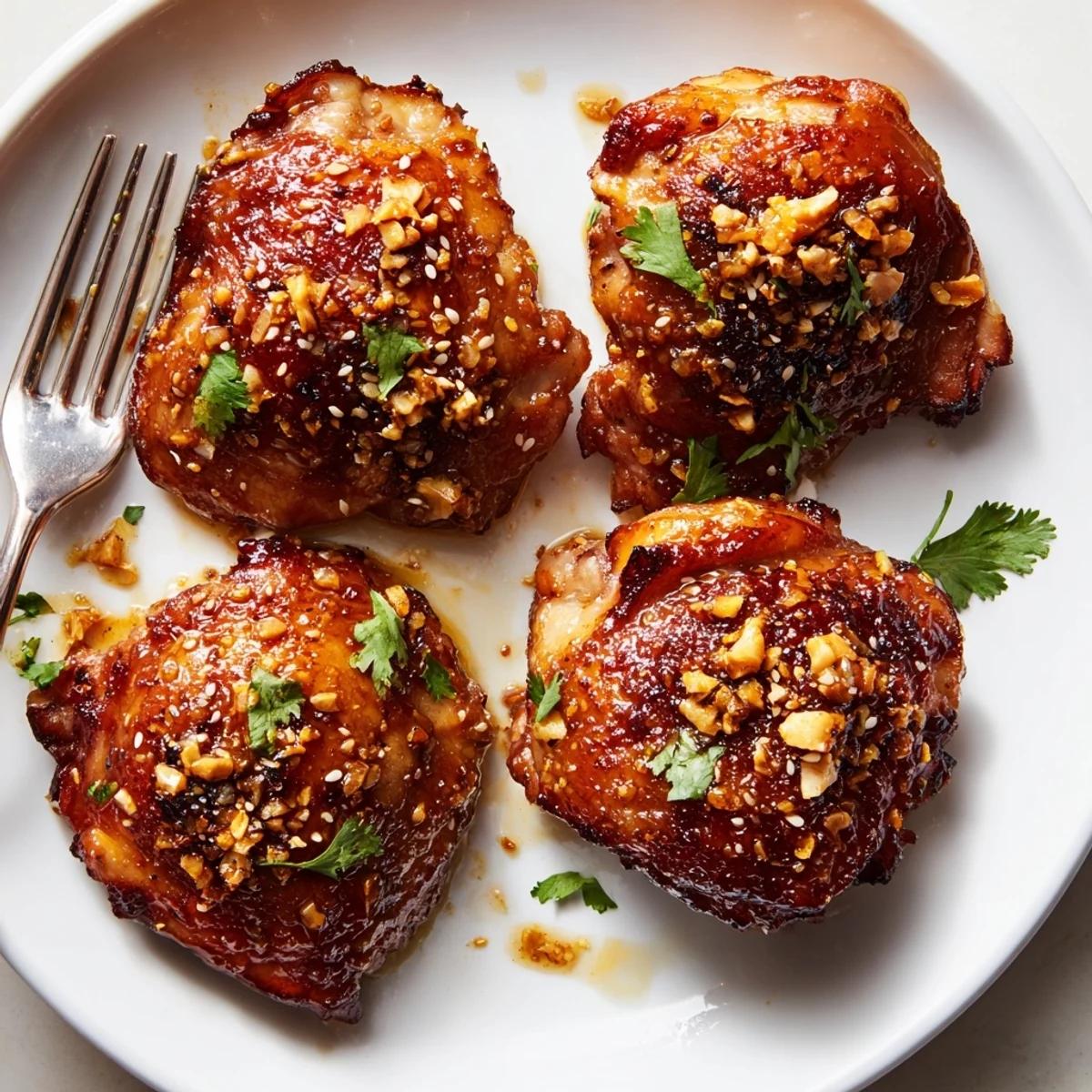 Crispy sweet chili air fryer chicken thighs glistening with a sticky red glaze on a white plate