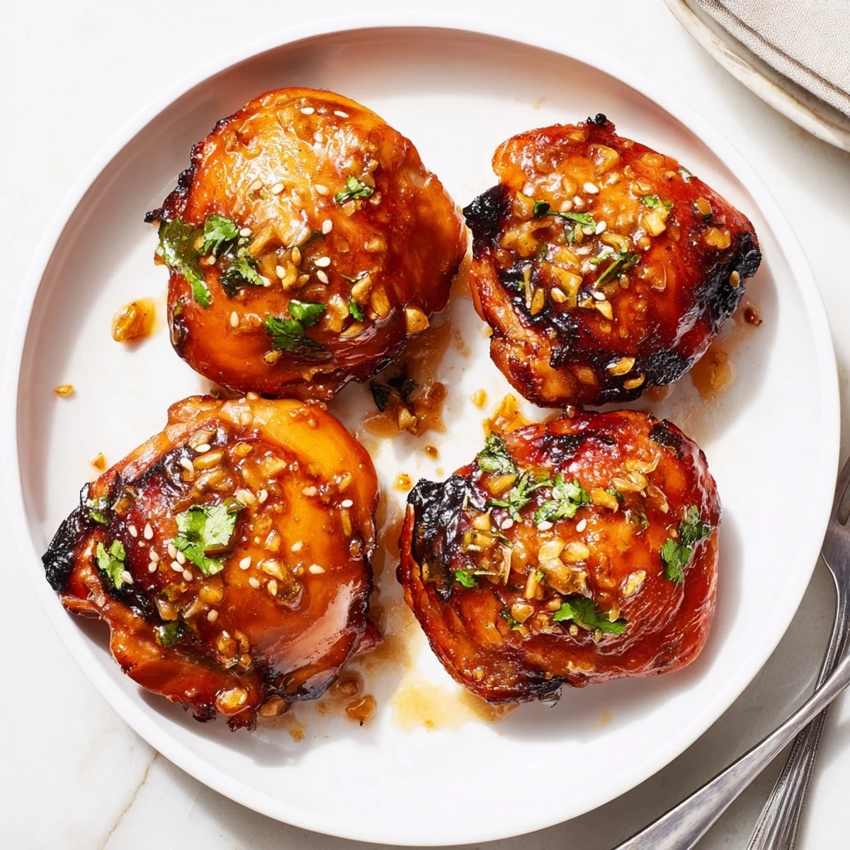 Golden sweet chili air fryer chicken thighs garnished with sesame seeds and fresh cilantro