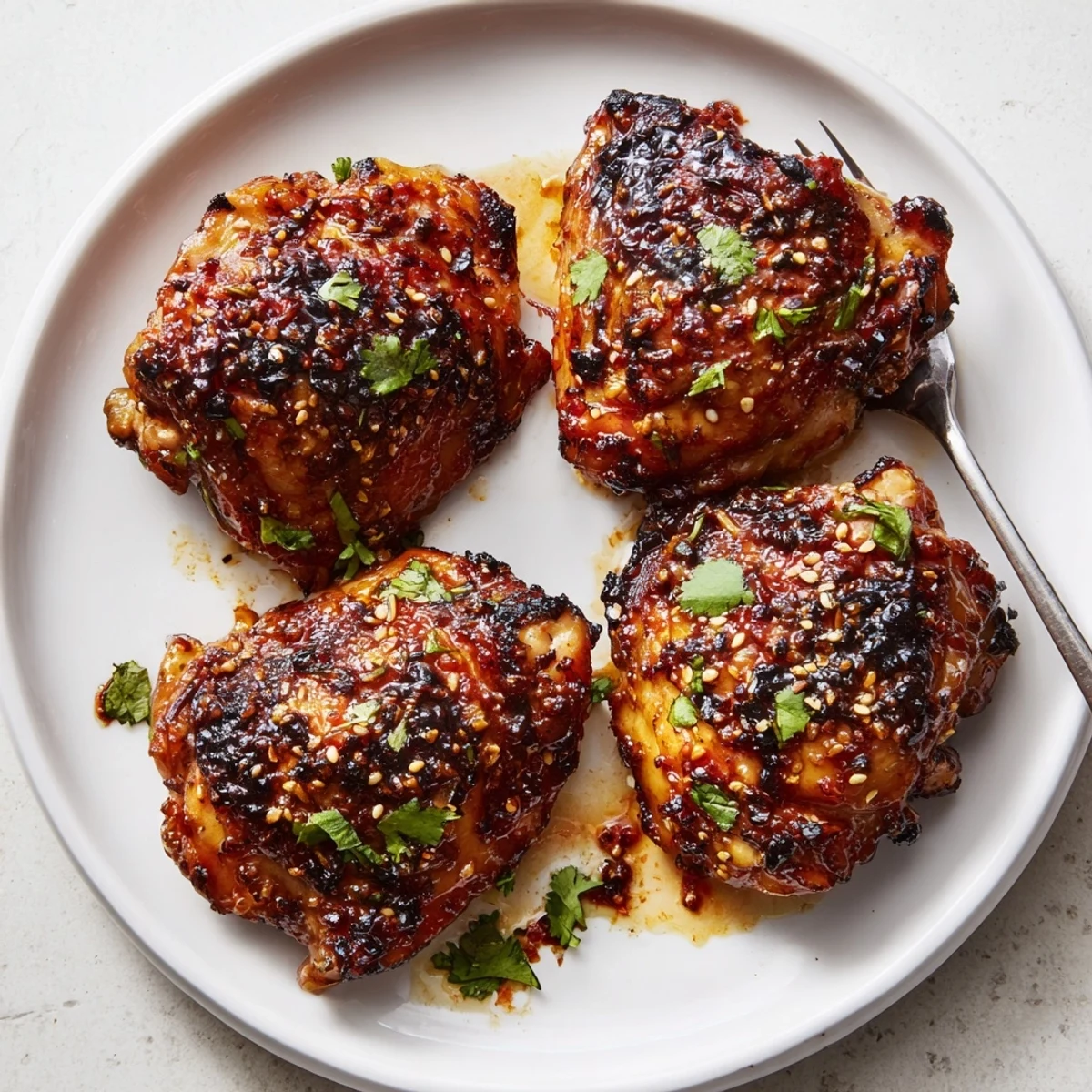 Juicy sweet chili air fryer chicken thighs with caramelized skin served alongside steamed jasmine rice