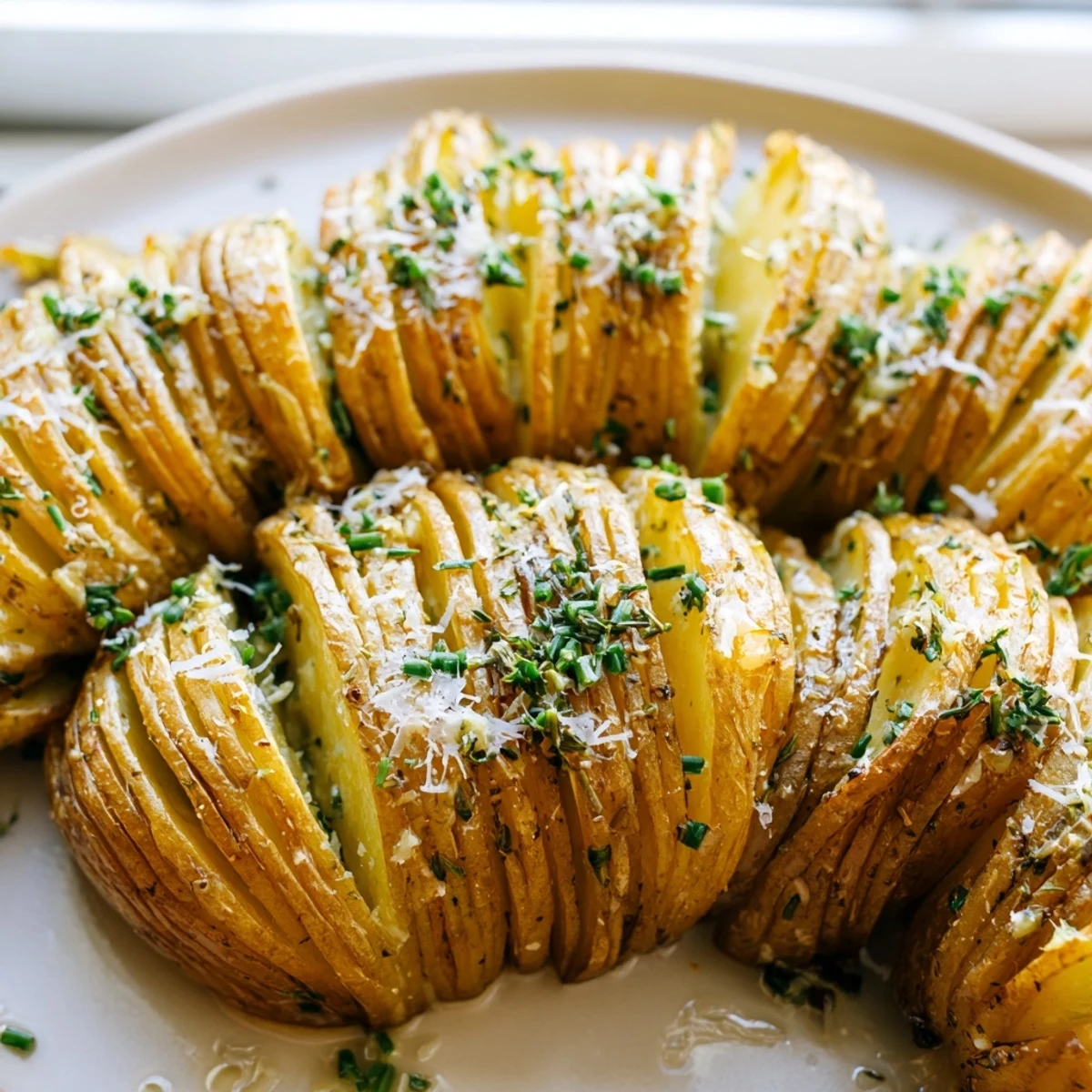 Golden grilled Hasselback potatoes with garlic butter and fresh herbs on a rustic platter
