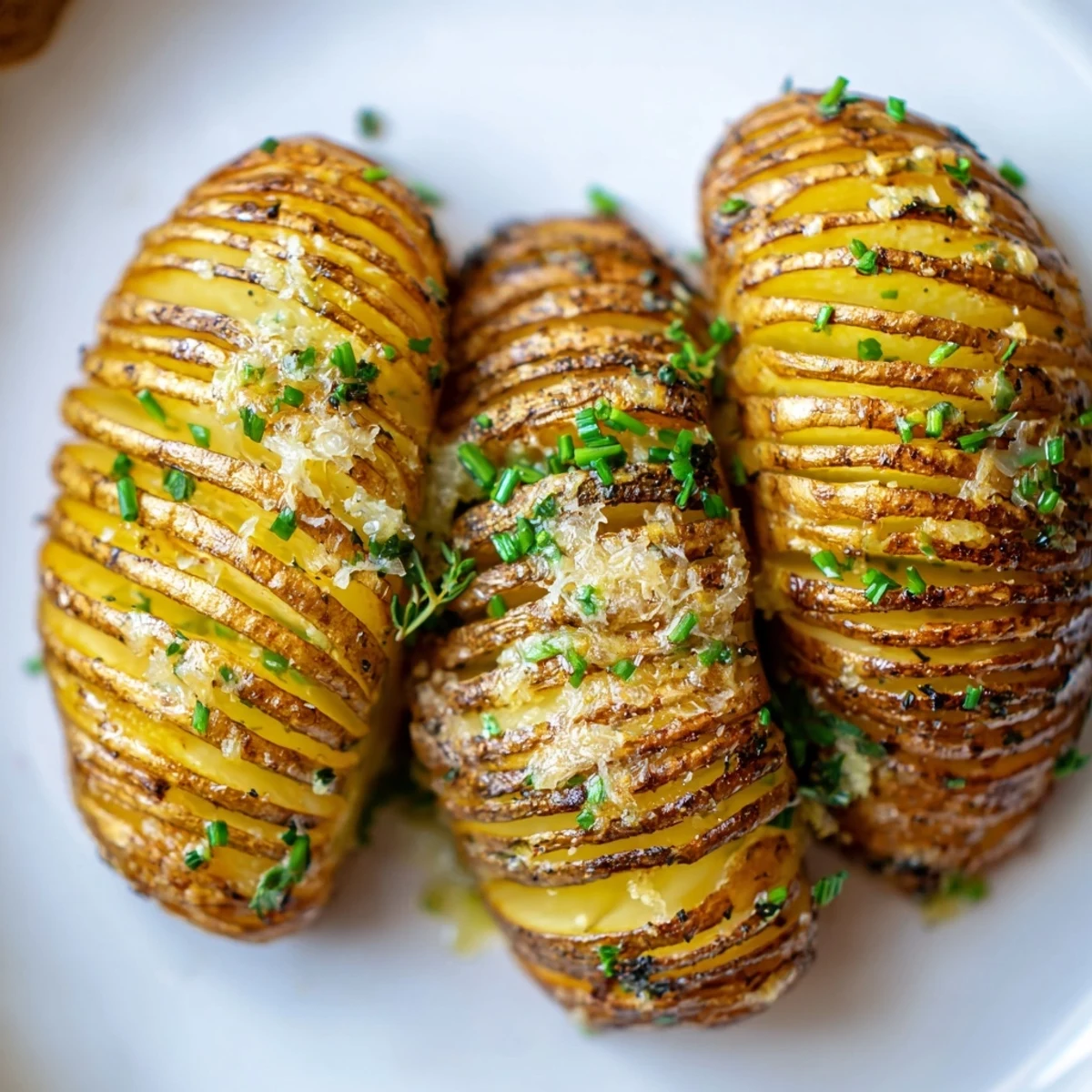 Perfectly fanned grilled Hasselback potatoes topped with Parmesan and chopped chives served hot