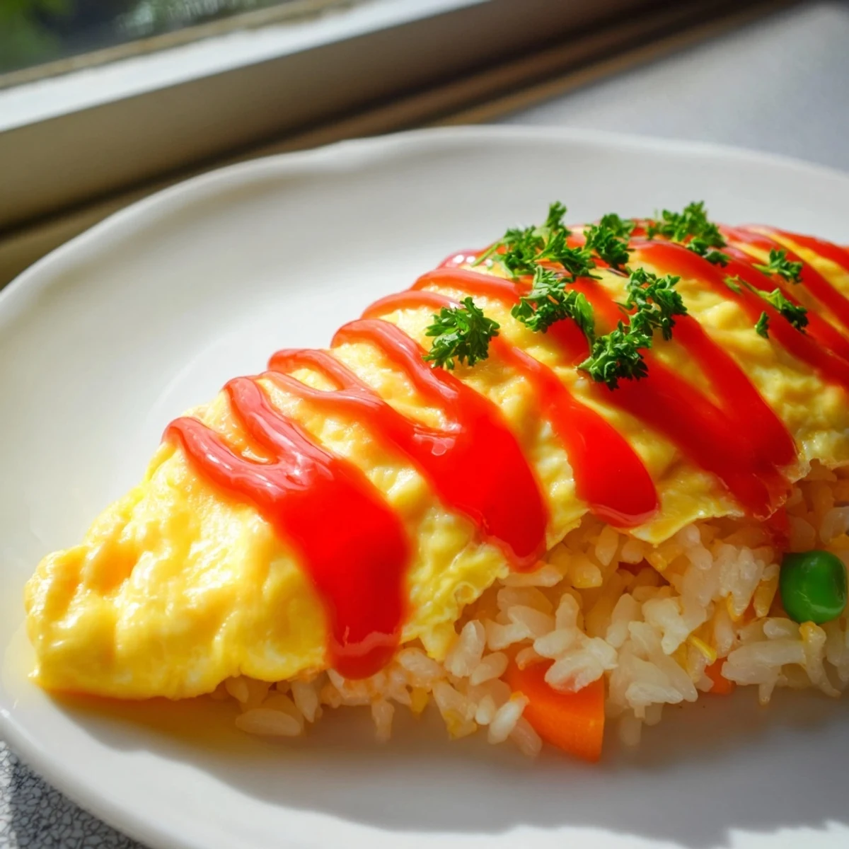 Golden omurice with a fluffy omelette draped over ketchup fried rice, topped with parsley