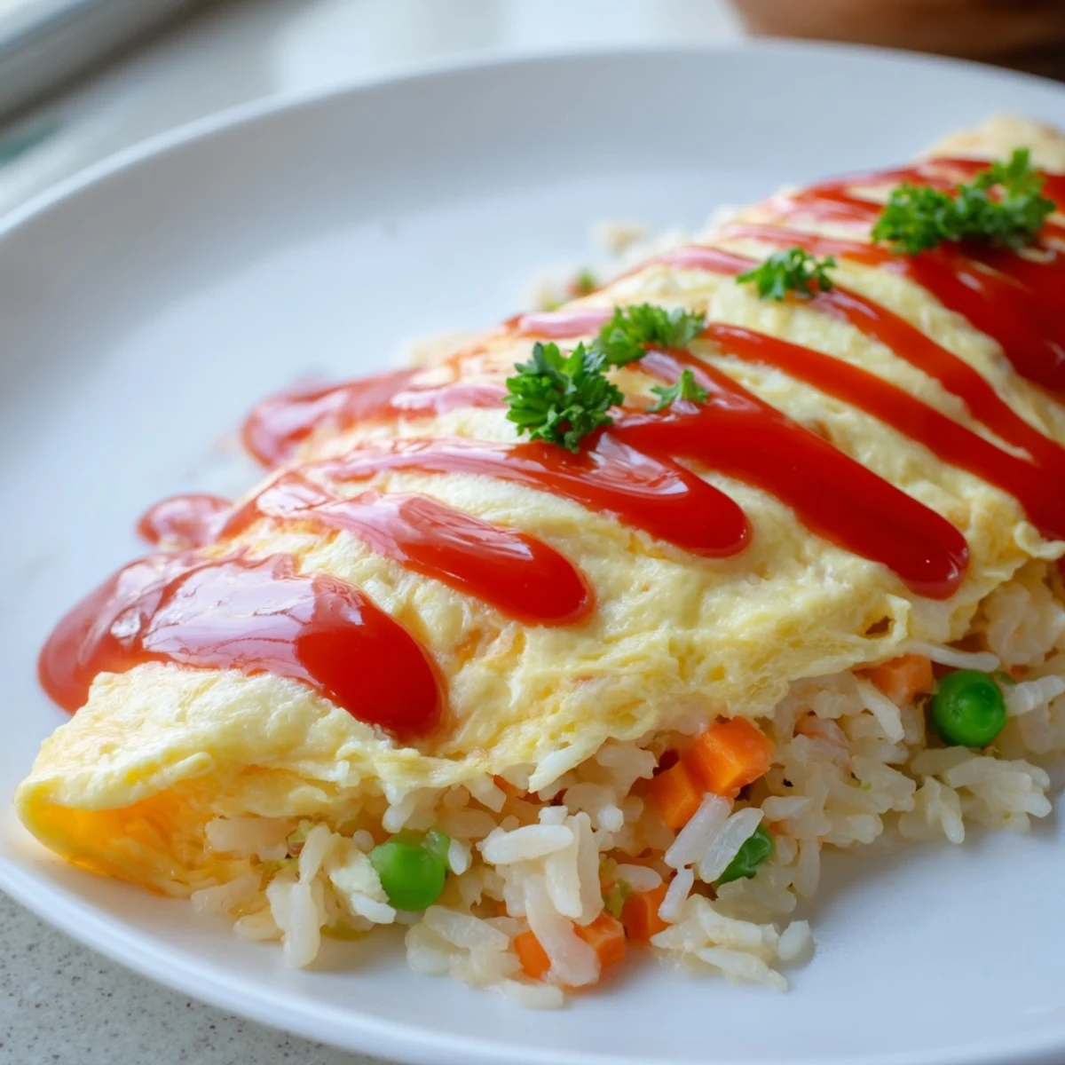 Omurice served on a plate featuring tender chicken fried rice wrapped in a silky egg omelette