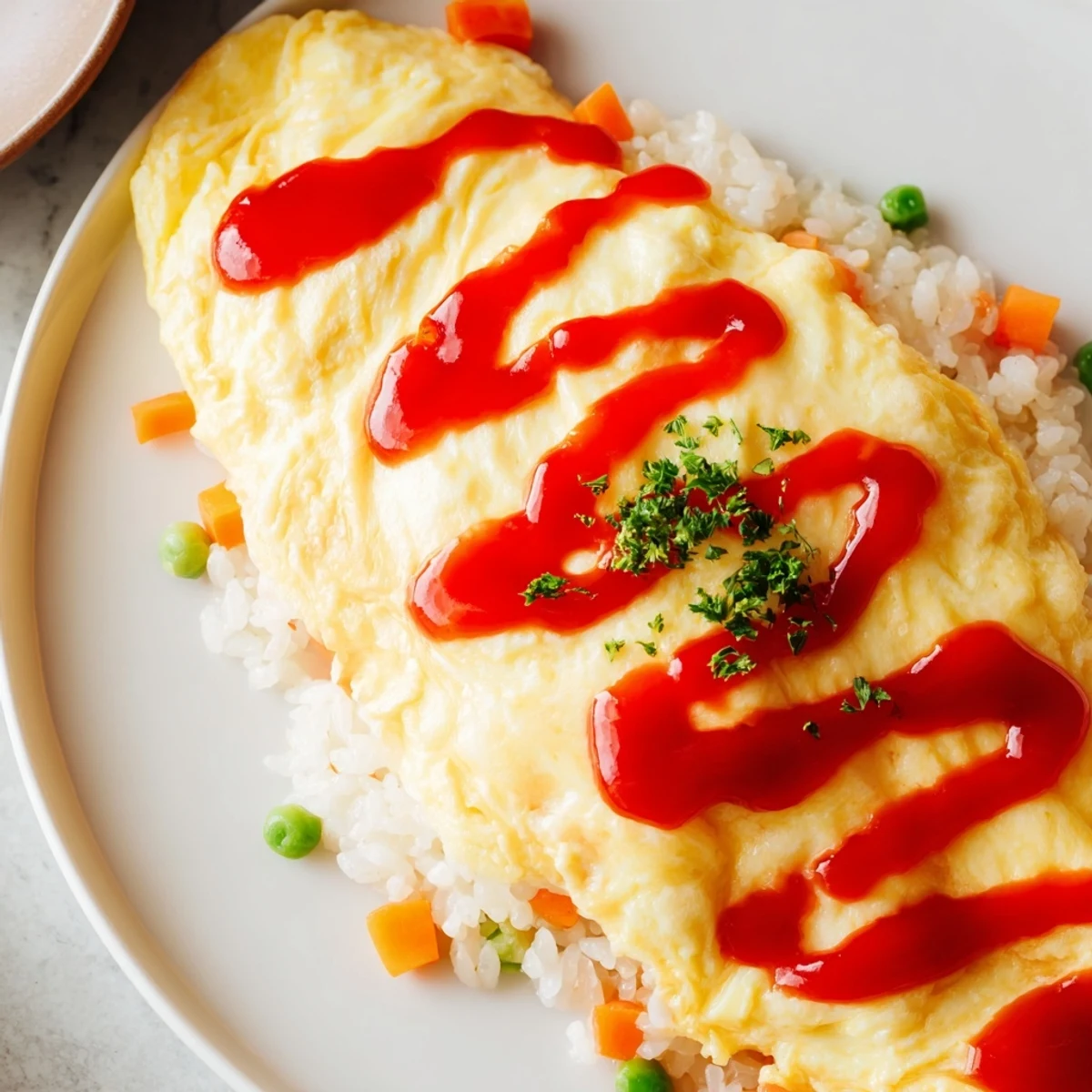 Creamy yellow omelette folded over savory omurice, drizzled with ketchup and garnished with fresh parsley