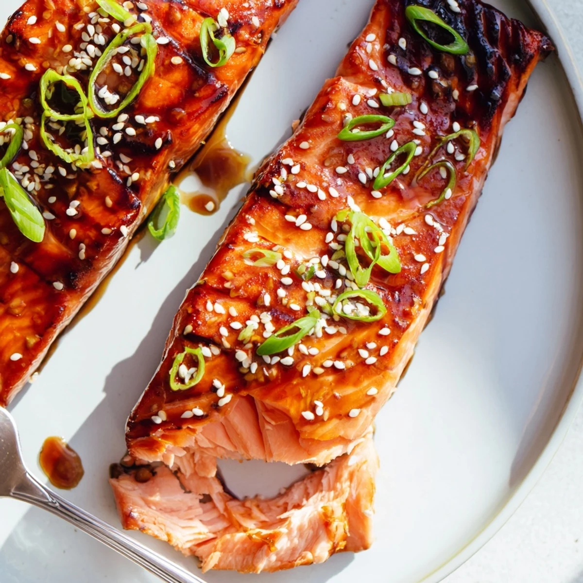 Glazed gluten free teriyaki salmon garnished with sesame seeds and spring onions