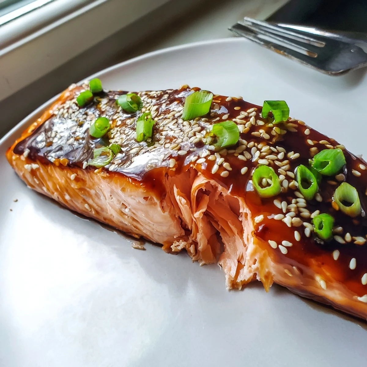 Pan-ready gluten free teriyaki salmon with sticky sweet glaze and fresh green onions