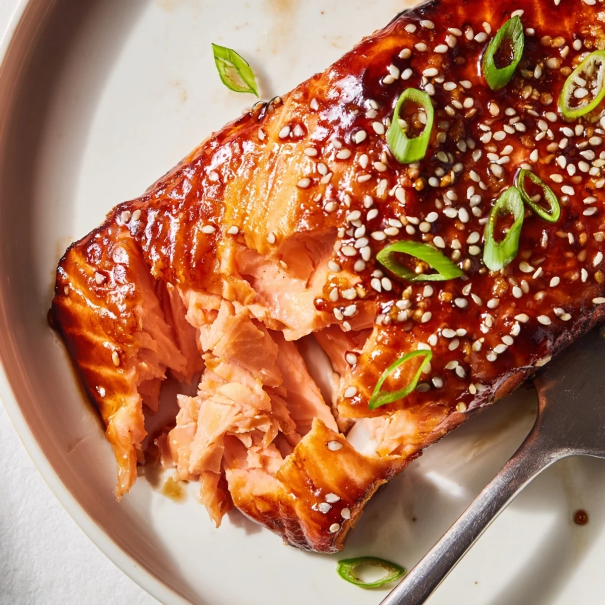 Golden baked salmon fillets coated in glossy gluten free teriyaki sauce on parchment