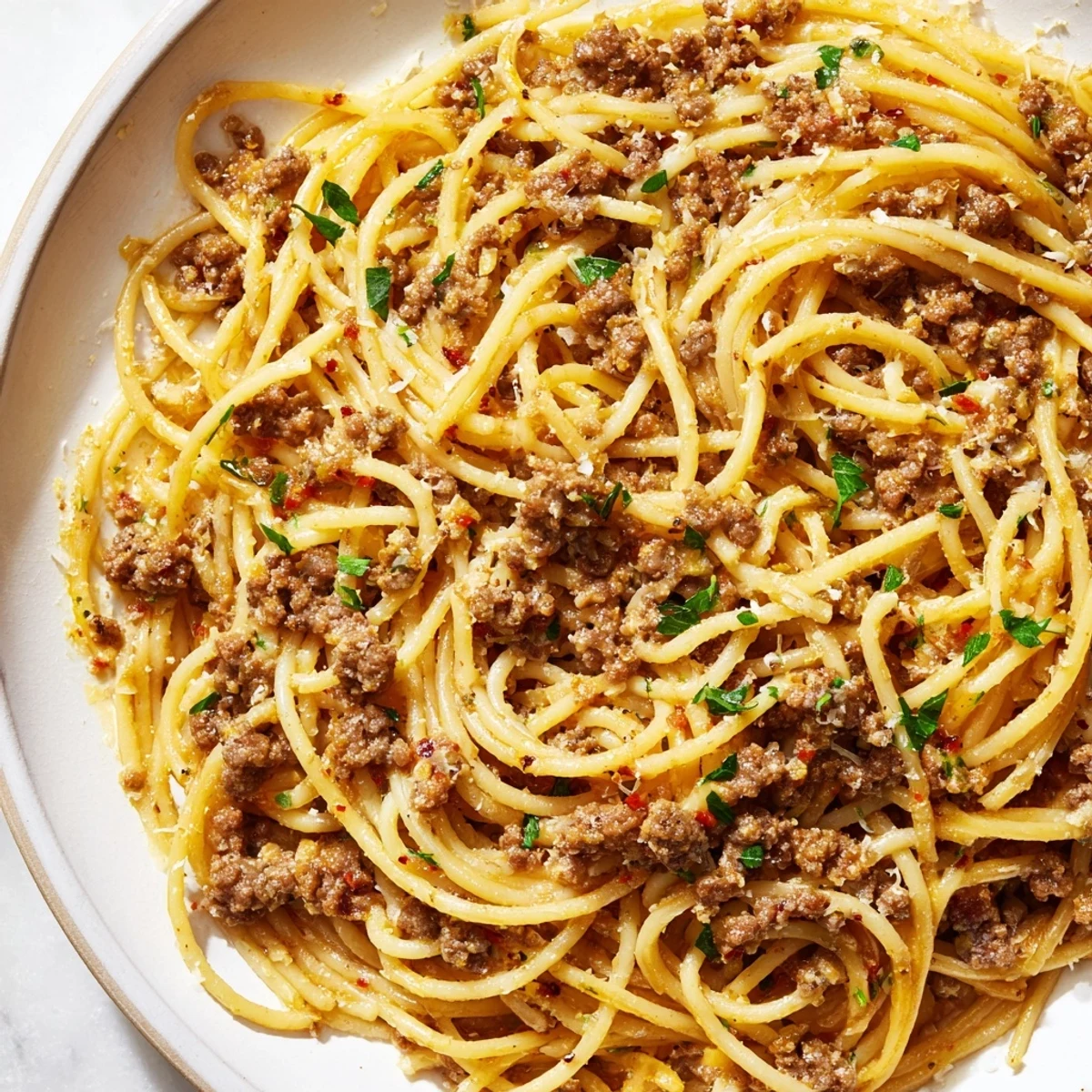 Garlic Butter Pasta with Ground Beef topped with Parmesan and fresh parsley