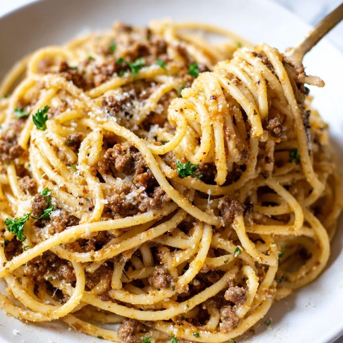 Creamy garlic butter pasta with ground beef served in a white bowl