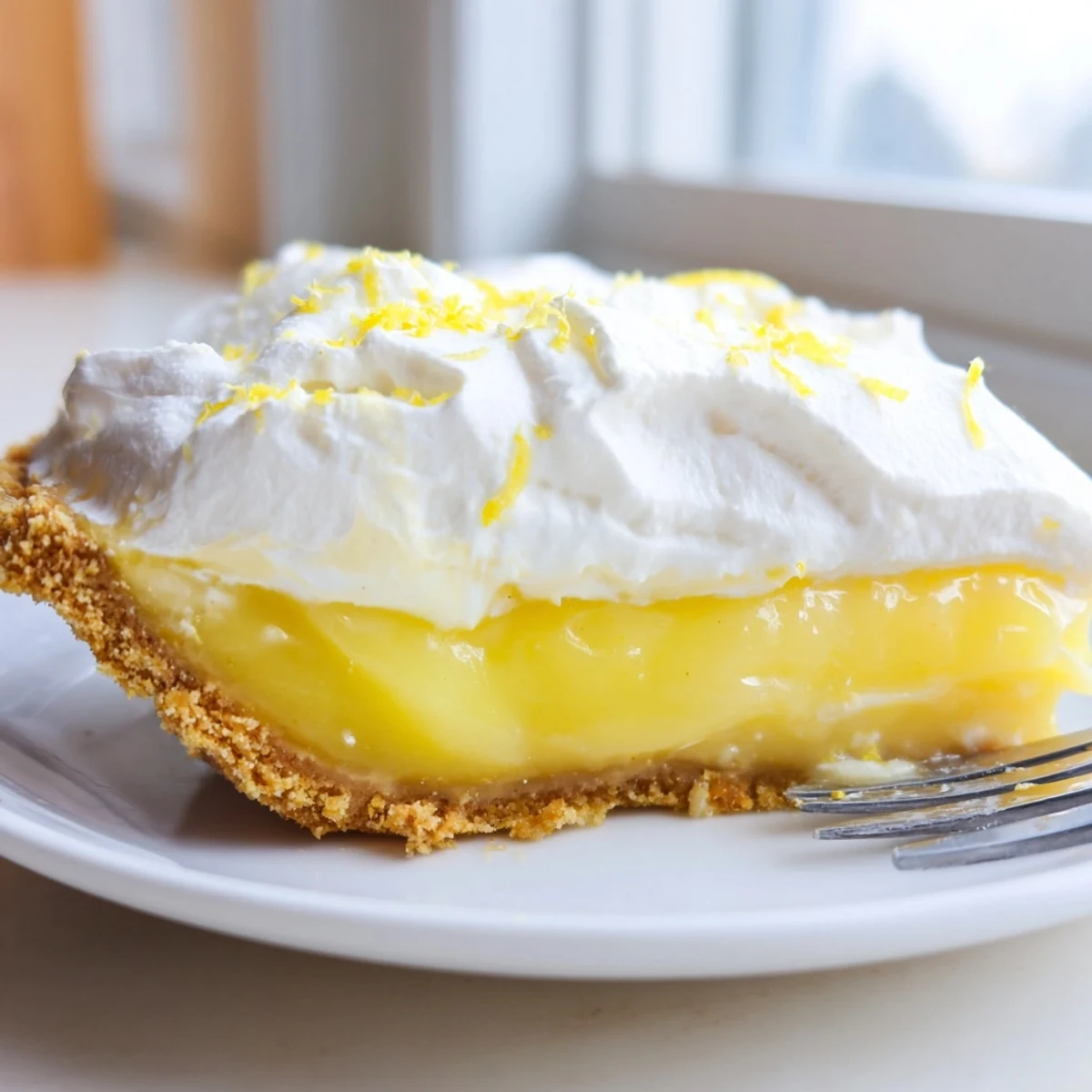 Creamy real lemon pie sliced and topped with billowy whipped cream