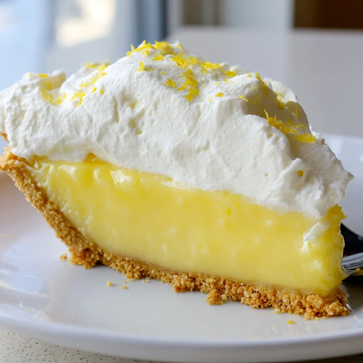 Real lemon pie with silky golden filling in a buttery graham cracker crust