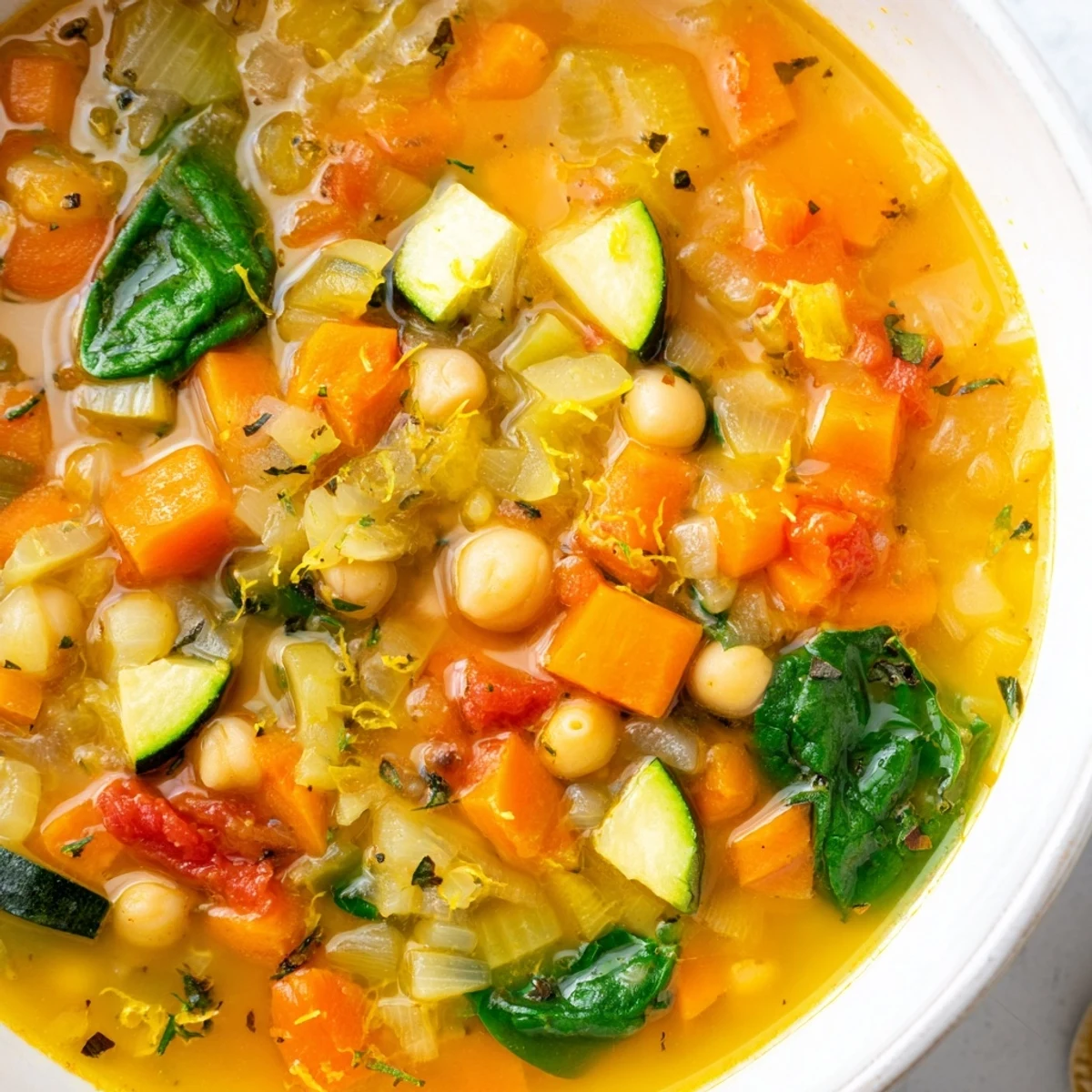 Steaming bowl of Vegan Italian Penicillin Soup topped with fresh parsley and lemon zest