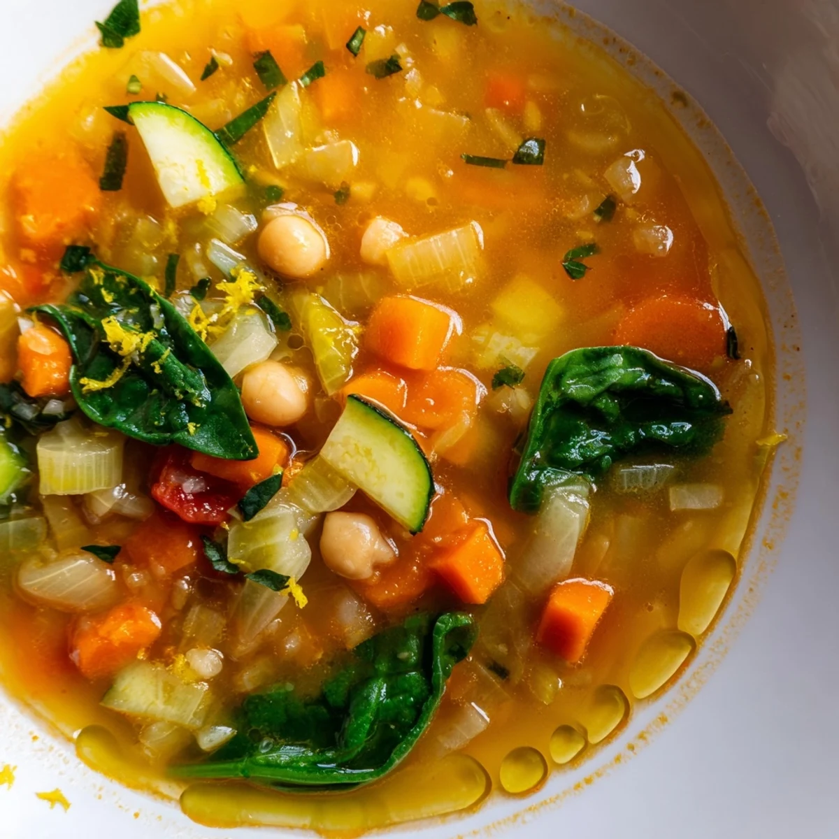 Golden broth of Vegan Italian Penicillin Soup brimming with tender carrots, chickpeas, and kale