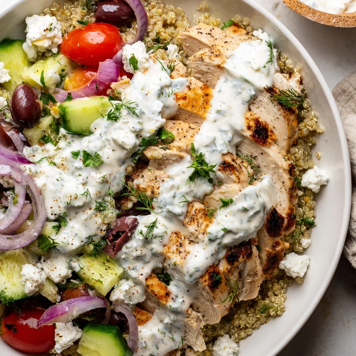 Colorful Greek chicken grain bowl with feta, cucumber, and a drizzle of tzatziki