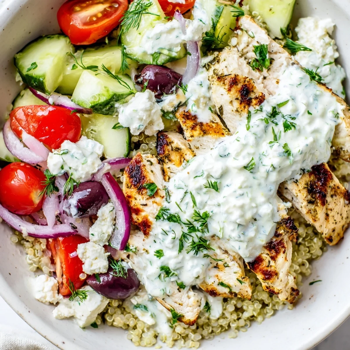 Juicy sliced Greek chicken grain bowl served over wholesome grains with vibrant Mediterranean vegetables