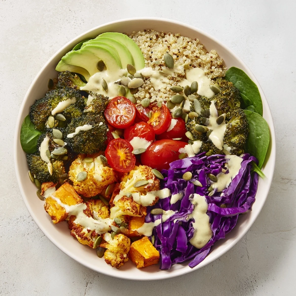 Colorful Vegan Buddha Bowl featuring charred broccoli, crisp red cabbage, and a rich sesame dressing