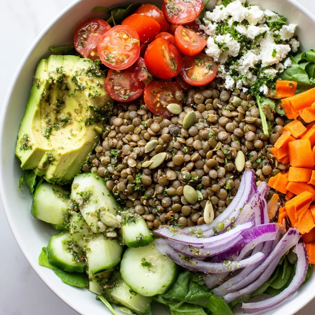 Colorful lentil grain bowl topped with fresh cherry tomatoes, avocado, and herbed dressing