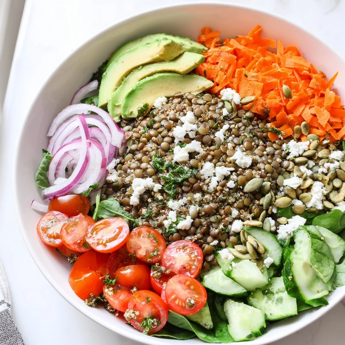 Hearty lentil grain bowl served in a rustic dish with crunchy toasted pumpkin seeds