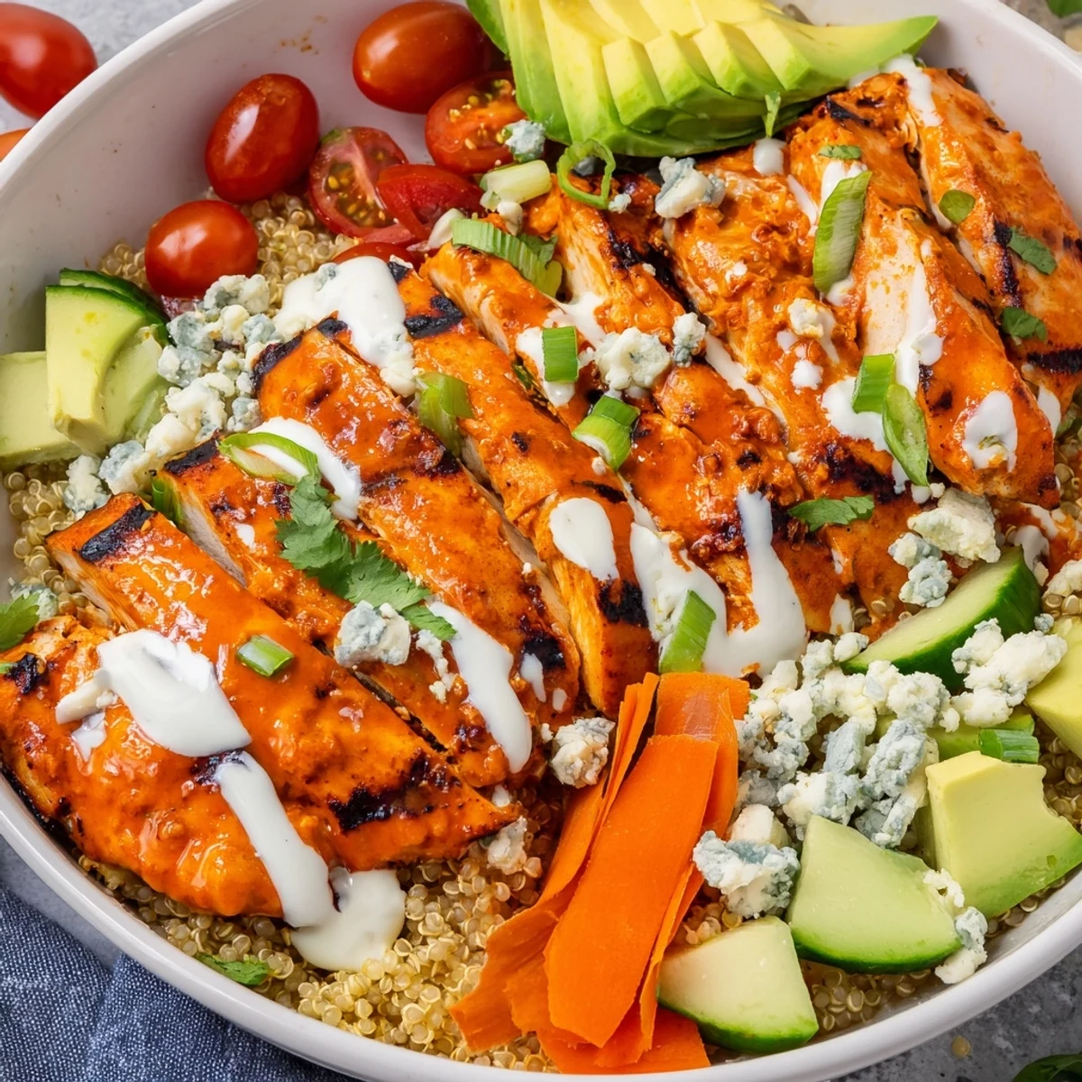 Spicy buffalo chicken grain bowl loaded with crisp vegetables and creamy ranch dressing