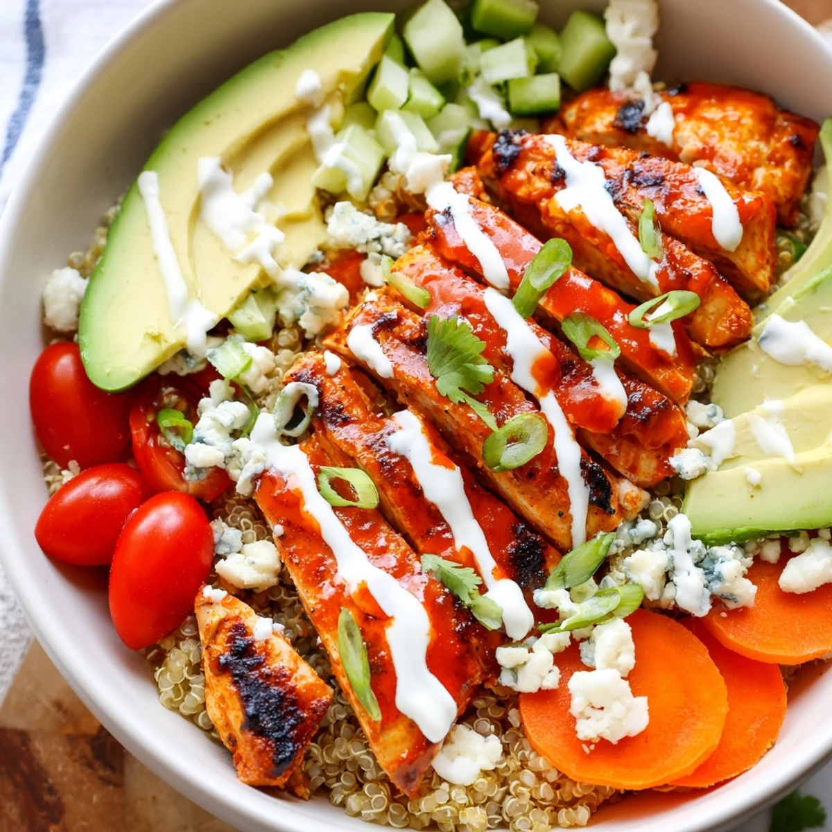 Tender buffalo chicken served over wholesome grains with avocado and crumbled blue cheese