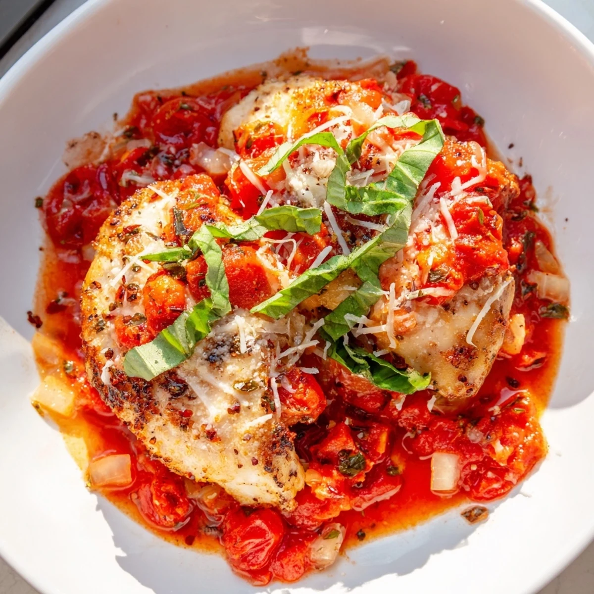 Golden seared chicken pomodoro delight simmered in rich tomato basil sauce with melted Parmesan cheese