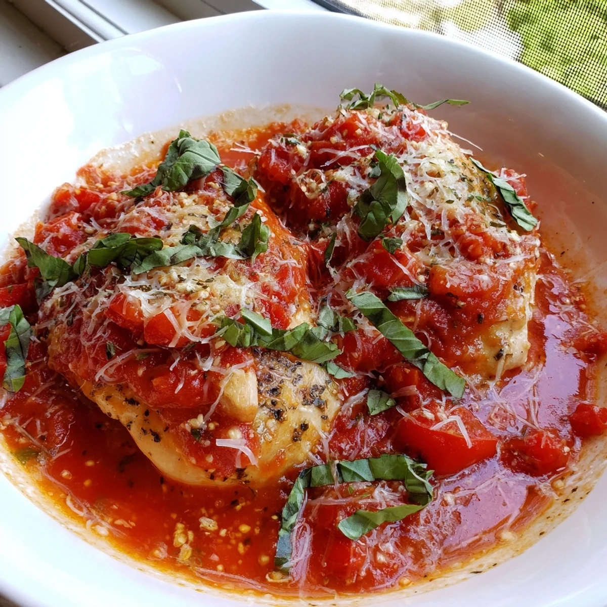 Juicy chicken pomodoro delight topped with fresh basil and served over a bed of zucchini noodles