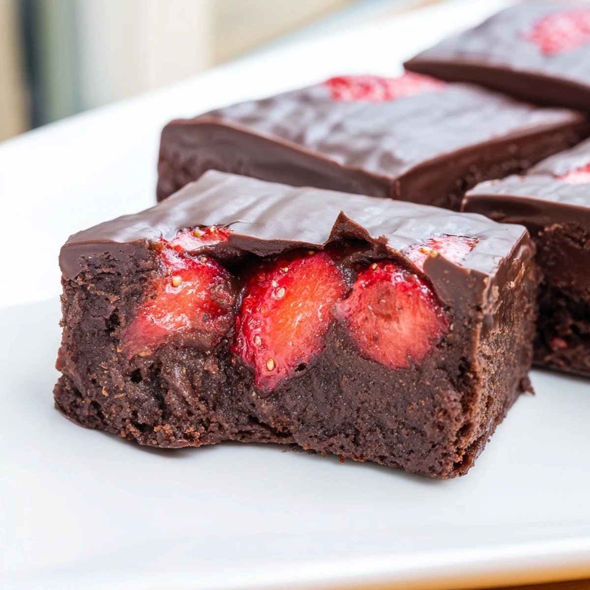Chocolate Covered Strawberry Brownies sliced into squares with glossy ganache dripping over fresh berries