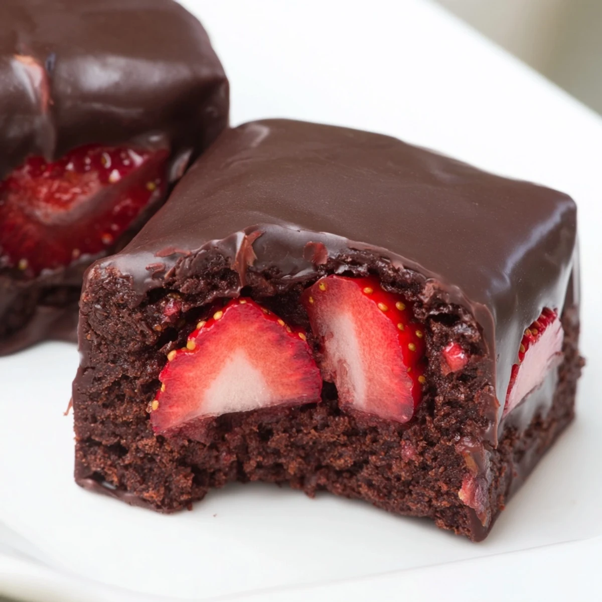 Rich fudgy Chocolate Covered Strawberry Brownies topped with ripe red strawberries on a rustic cutting board